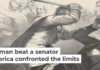 In John Magee’s print, Preston Brooks wields a cane against Charles Sumner, who is clutching a pen and a rolled-up speech. John L. Magee, The New York Public Library
